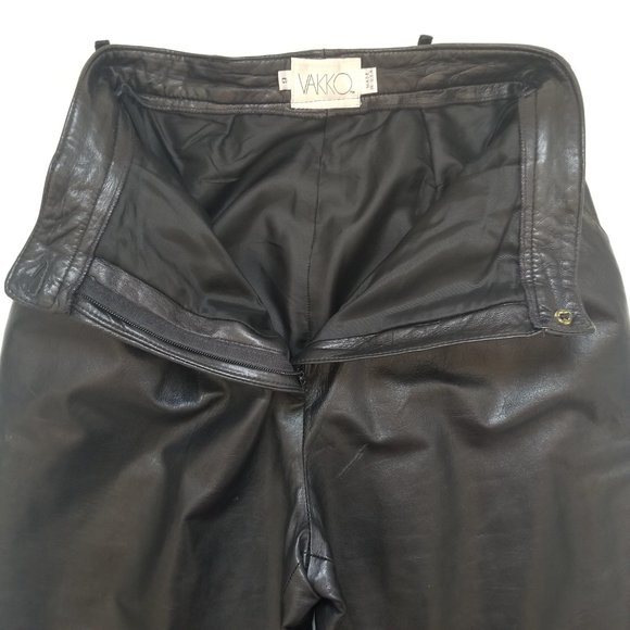 27x29 Vakko Vintage 6 Black Leather High Waisted Pleated Pants 80s Made in USA - Picture 4 of 10